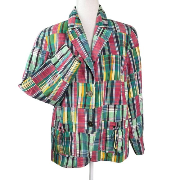 Doncaster Sport Women's 12W Blazer Jacket Madras Plaid Patchwork Cotton Vintage - Picture 5 of 10